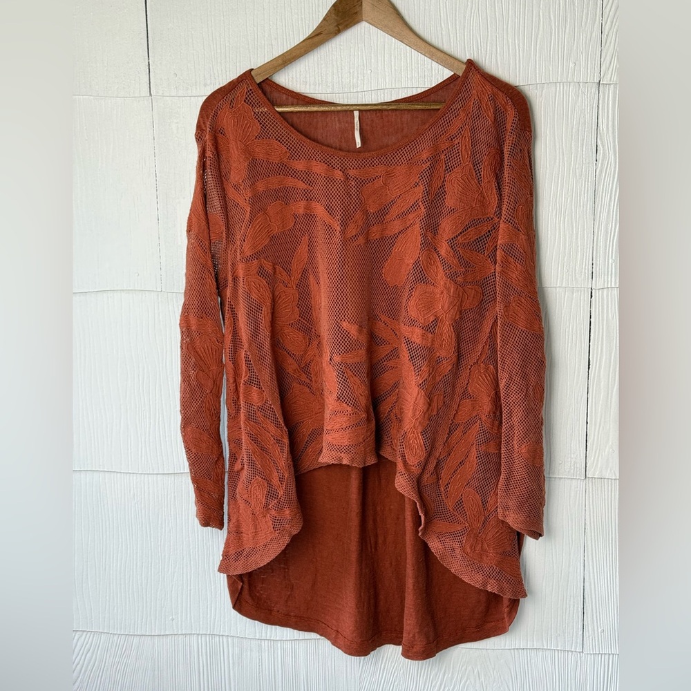 Free People Rust Orange Floral Blouse lace high low Y2K women’s small